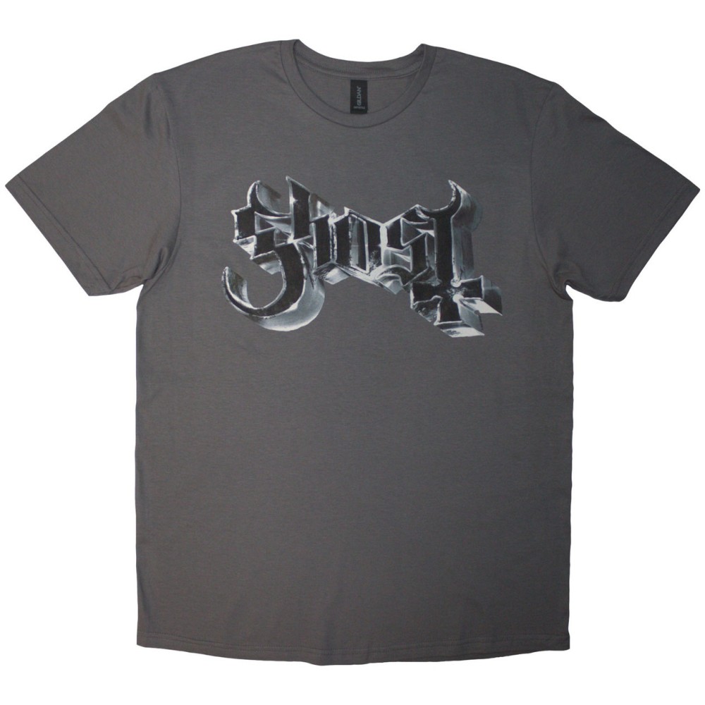 Ghost - Chrome Logo & Grucifix Outline Heren Tshirt - Grijs
